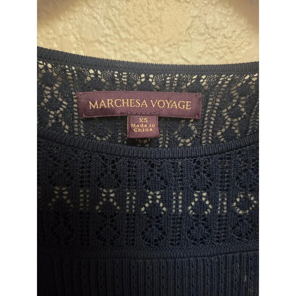 Marchesa Voyage Navy Blue Crochet Lace‎ Ribbed Knit Sheath Dress XS 3/4 Sleeve - Picture 6 of 9